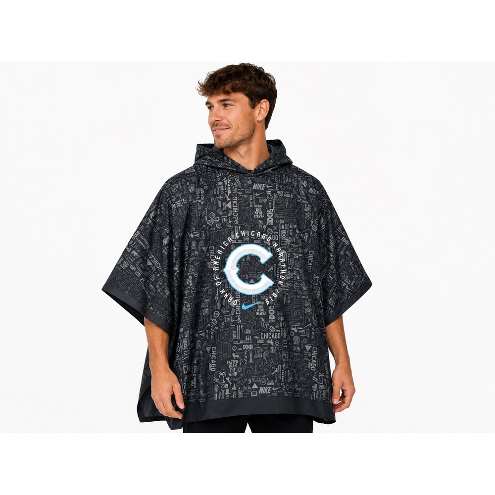 Nike Chicago Marathon 2019 Hooded Rain Poncho Black Graphis Print Size Small/Med